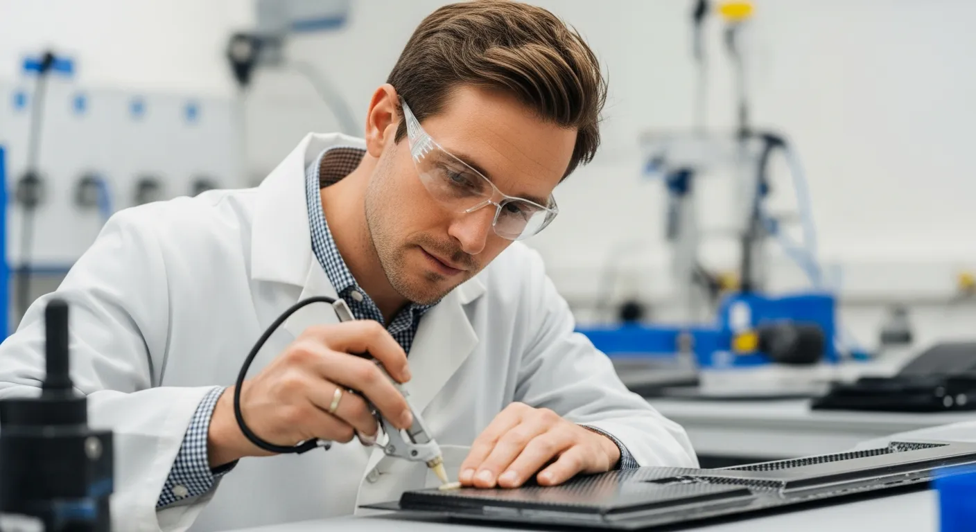 A man applies adhesive to a composite material in a lab.