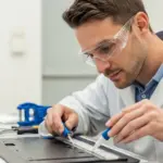Man applying adhesive to a fiber composite panel in a lab
