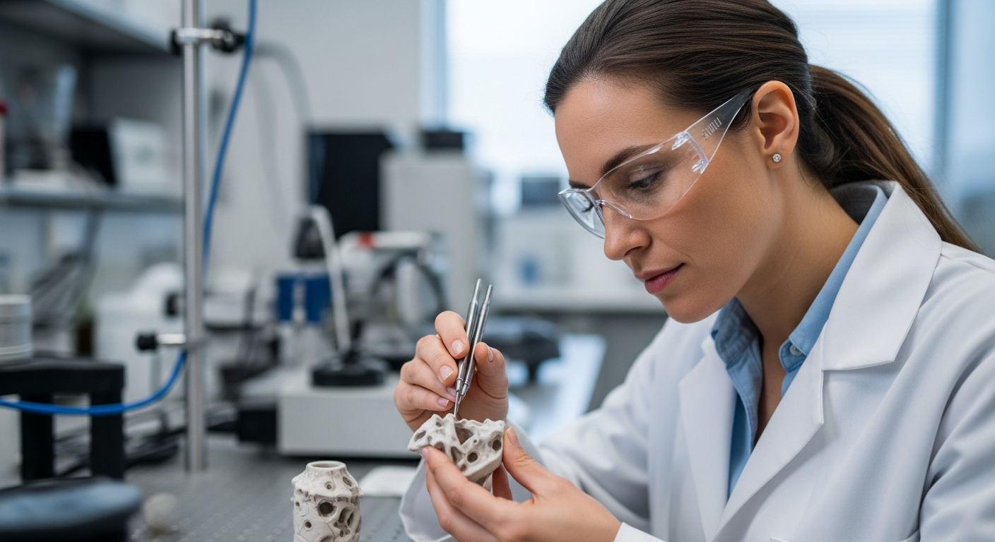 A woman examines a ceramic component in a laboratory.