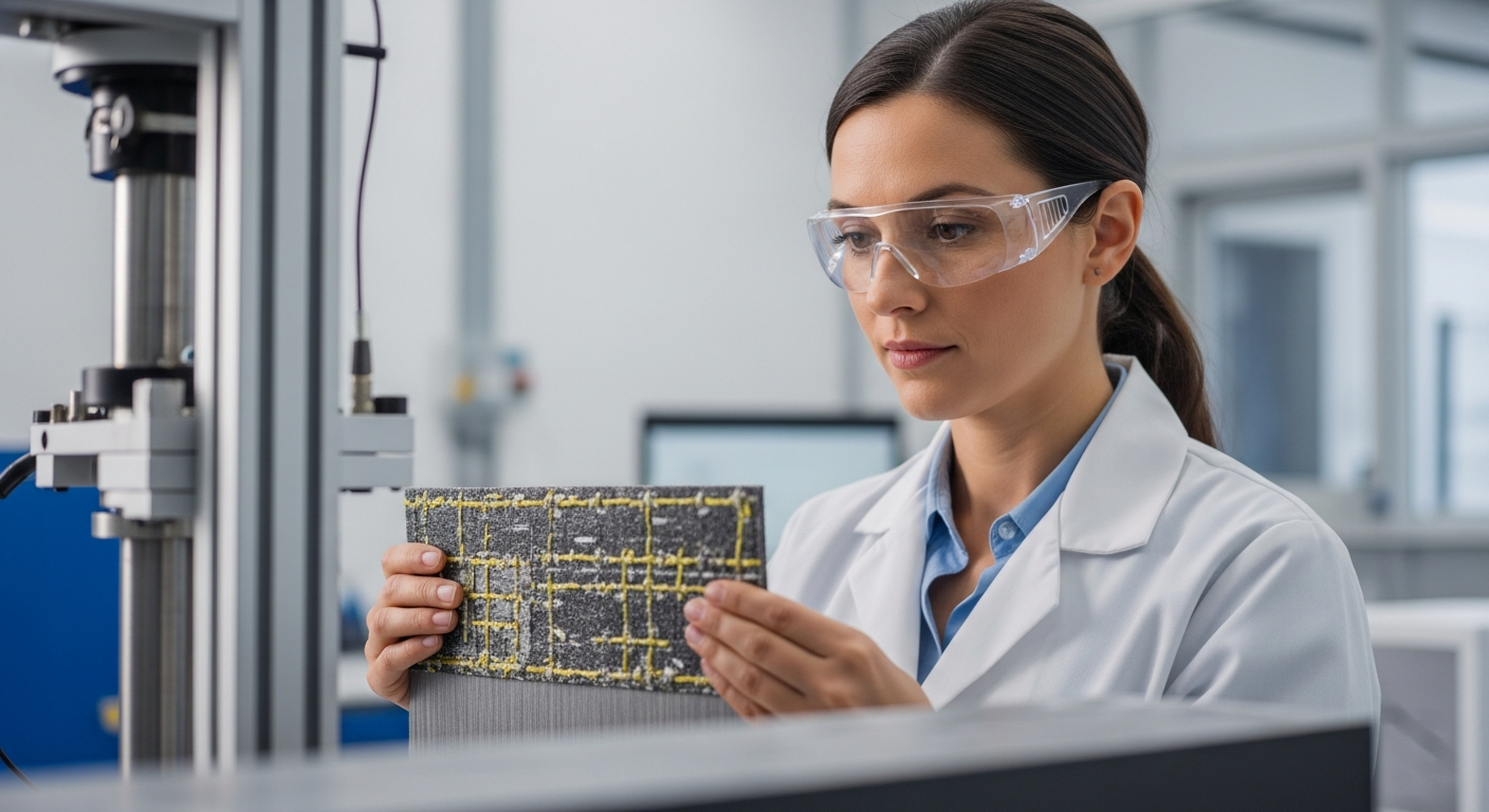 A woman inspects composite materials in a lab.
