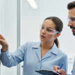 Two aerospace engineers inspect high-performance fiber composite material in a lab.