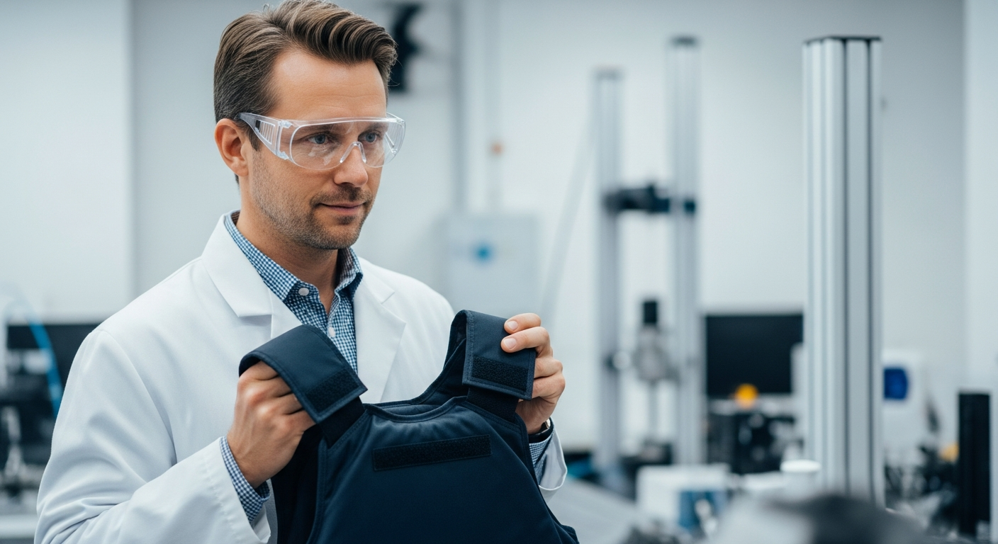 Man in lab coat holding a ballistic vest