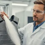 A man in a lab coat holds a ballistic vest.