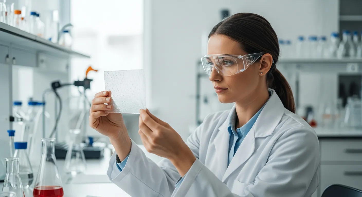 A woman examines a biodegradable polymer sample in a laboratory.