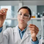 A woman in a lab coat examines a biodegradable polymer film.