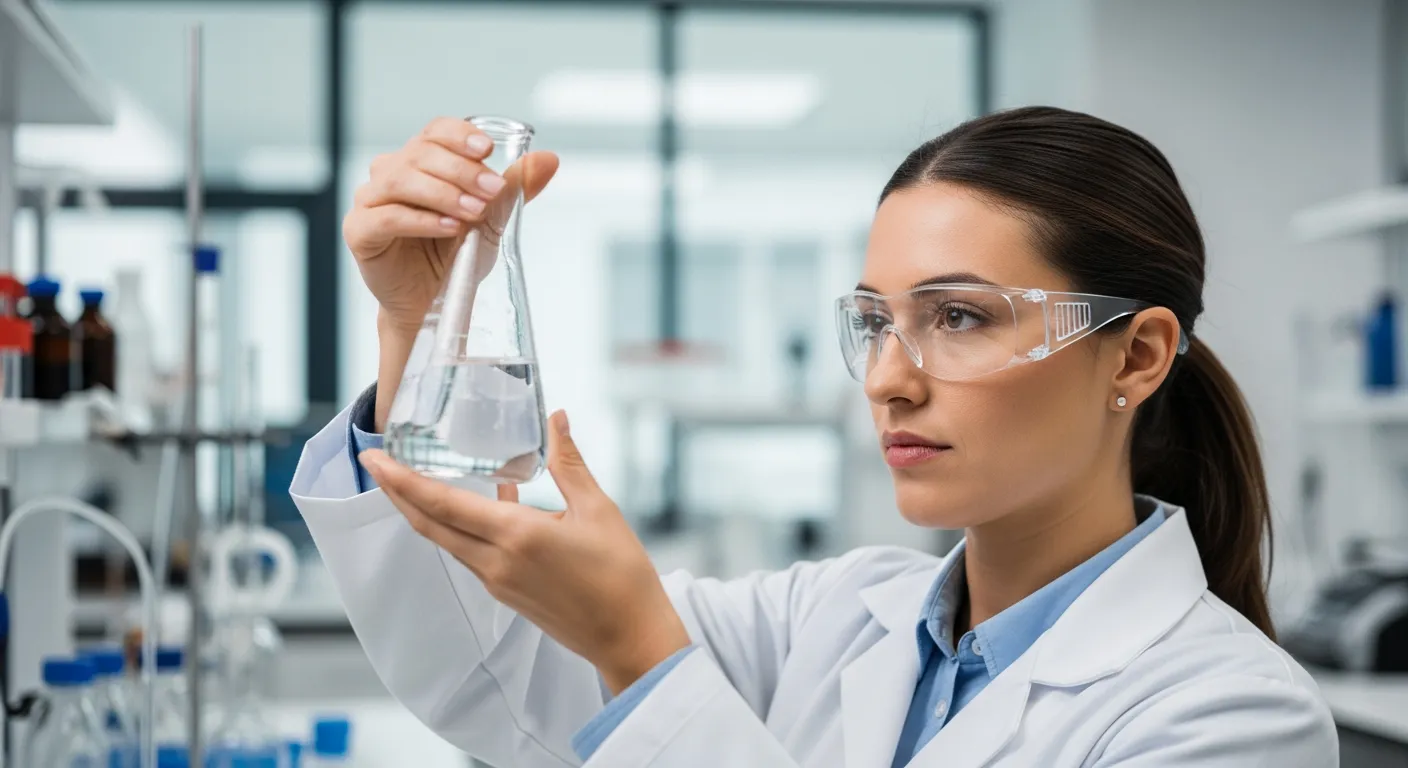 A woman in a lab coat examines a liquid sample in a beaker.