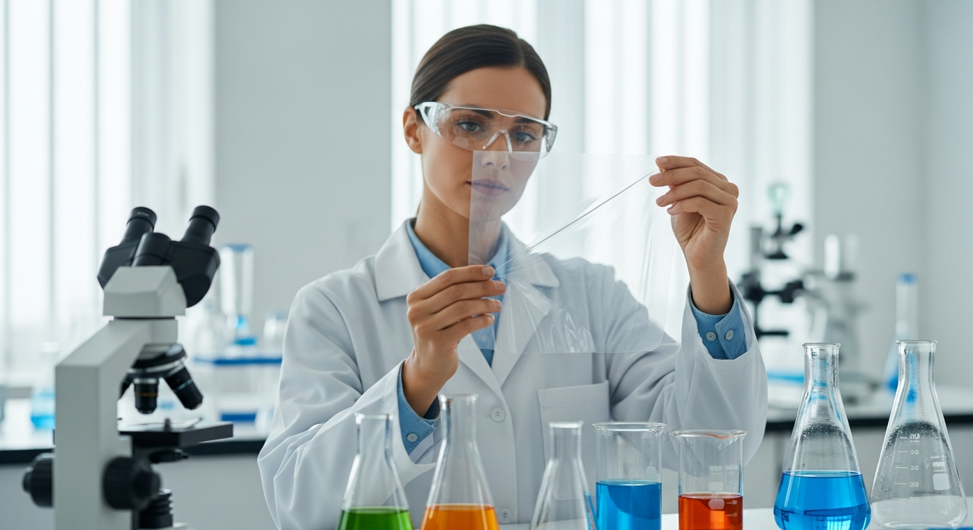 Woman inspecting biopolymer packaging in a lab
