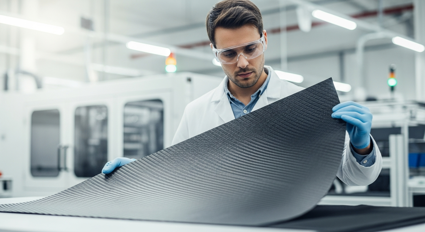 A manufacturing engineer inspects carbon fiber in a factory.