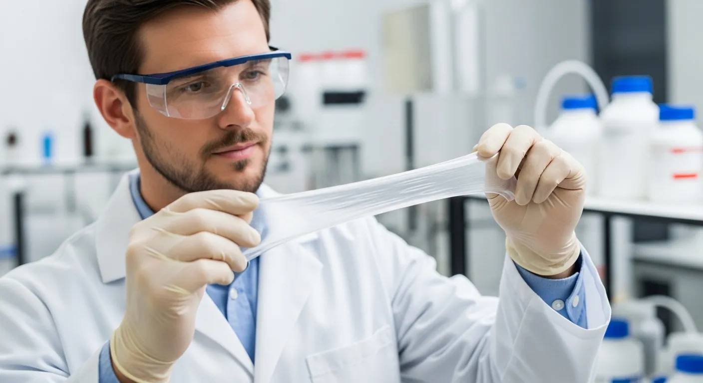 A man stretches a sample of elastomer material in a laboratory.