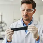 Man in lab coat examines elastomer sample