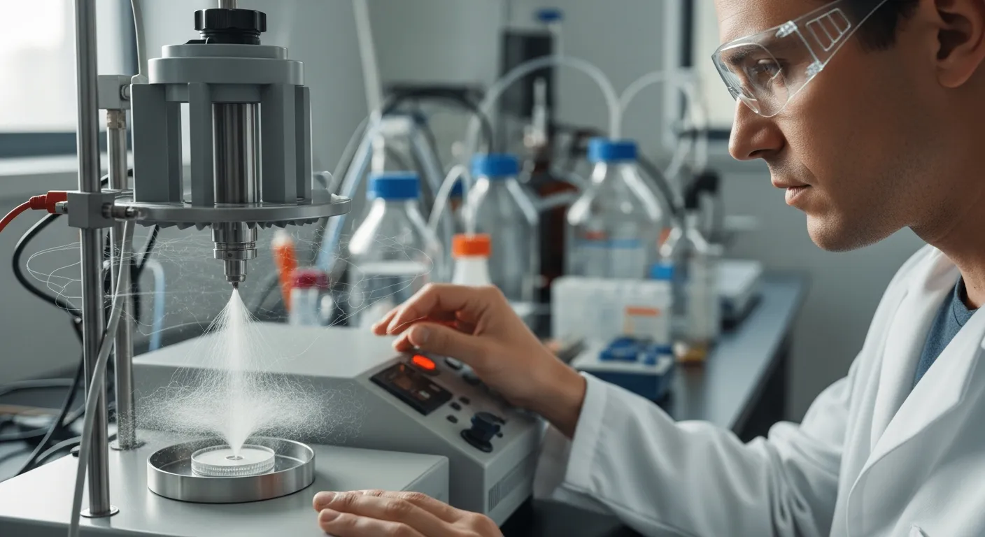 A scientist operates an electrospinning machine to create polymer nanofibers.