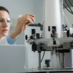 A woman operates electrospinning equipment in a lab.