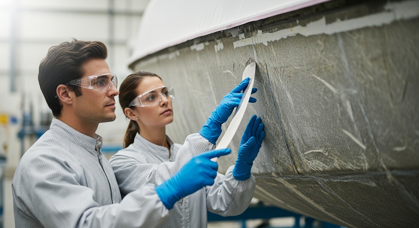 Two engineers inspect a fiber reinforced boat hull.