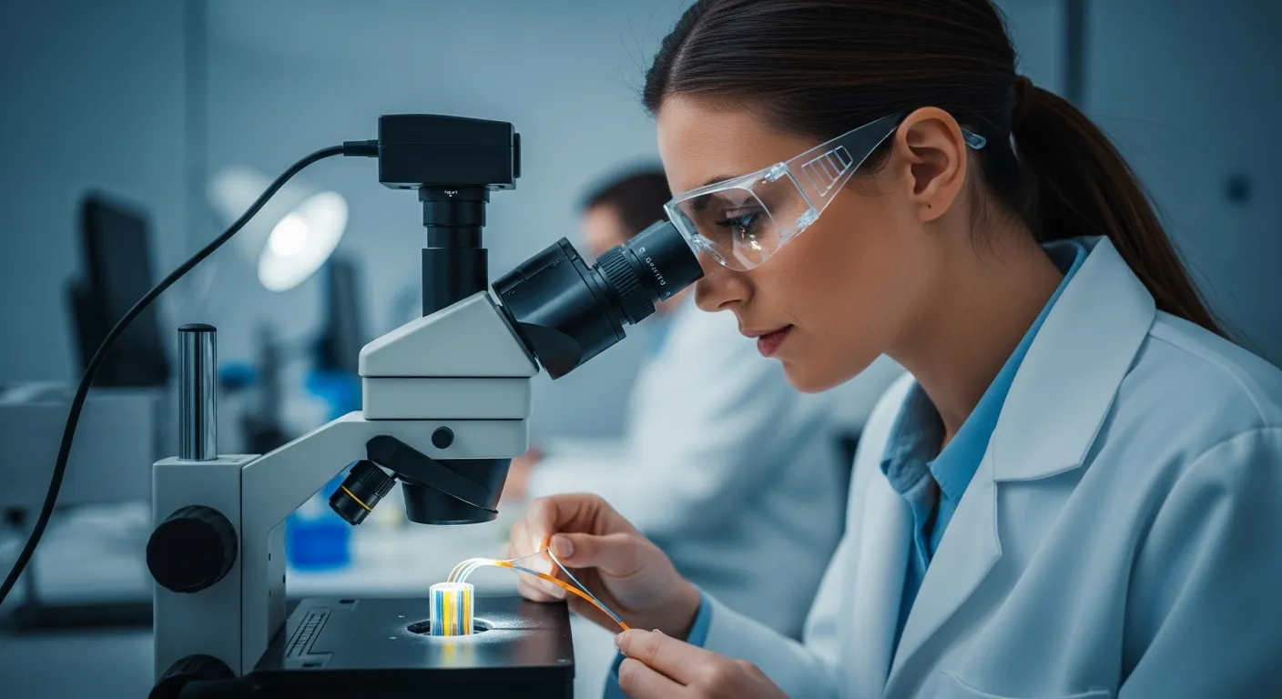 A woman examines fiber optic cable materials in a lab.