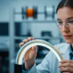A woman examines a fiber optic cable in a laboratory.
