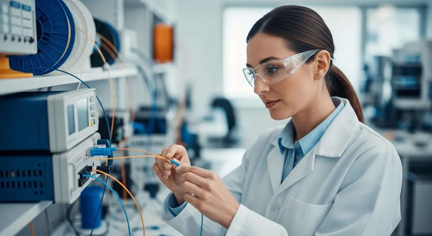 A woman inspects a fiber optic cable in a telecommunications lab.