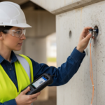 Woman engineer inspects fiber optic sensor on bridge support