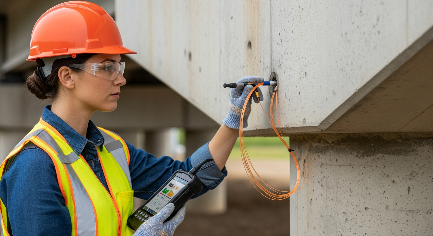 A woman inspects fiber optic sensors on a bridge.