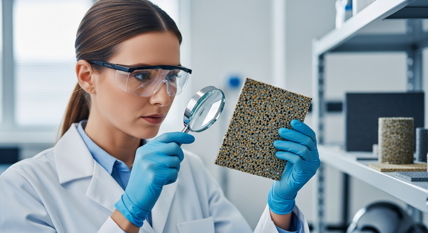 A woman examines a fiber-reinforced composite material in a laboratory.