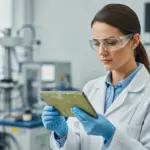 A woman in a lab coat examines composite material.