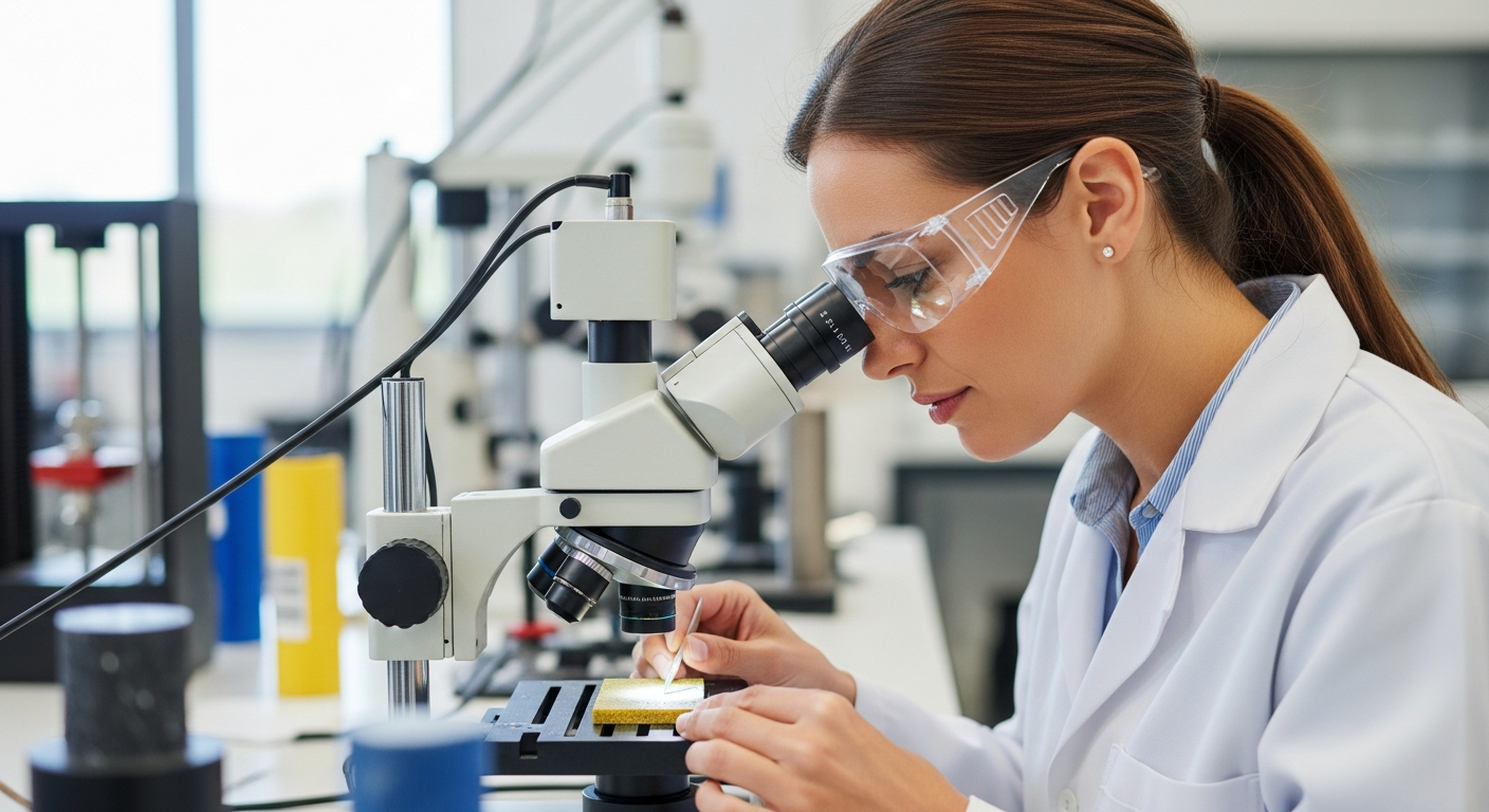 A woman examines fiber reinforced composite material in a lab.