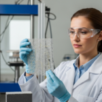 Woman engineer inspecting fiber reinforced composite material in a lab.