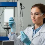 Woman engineer inspecting fiber reinforced composite material in a lab.