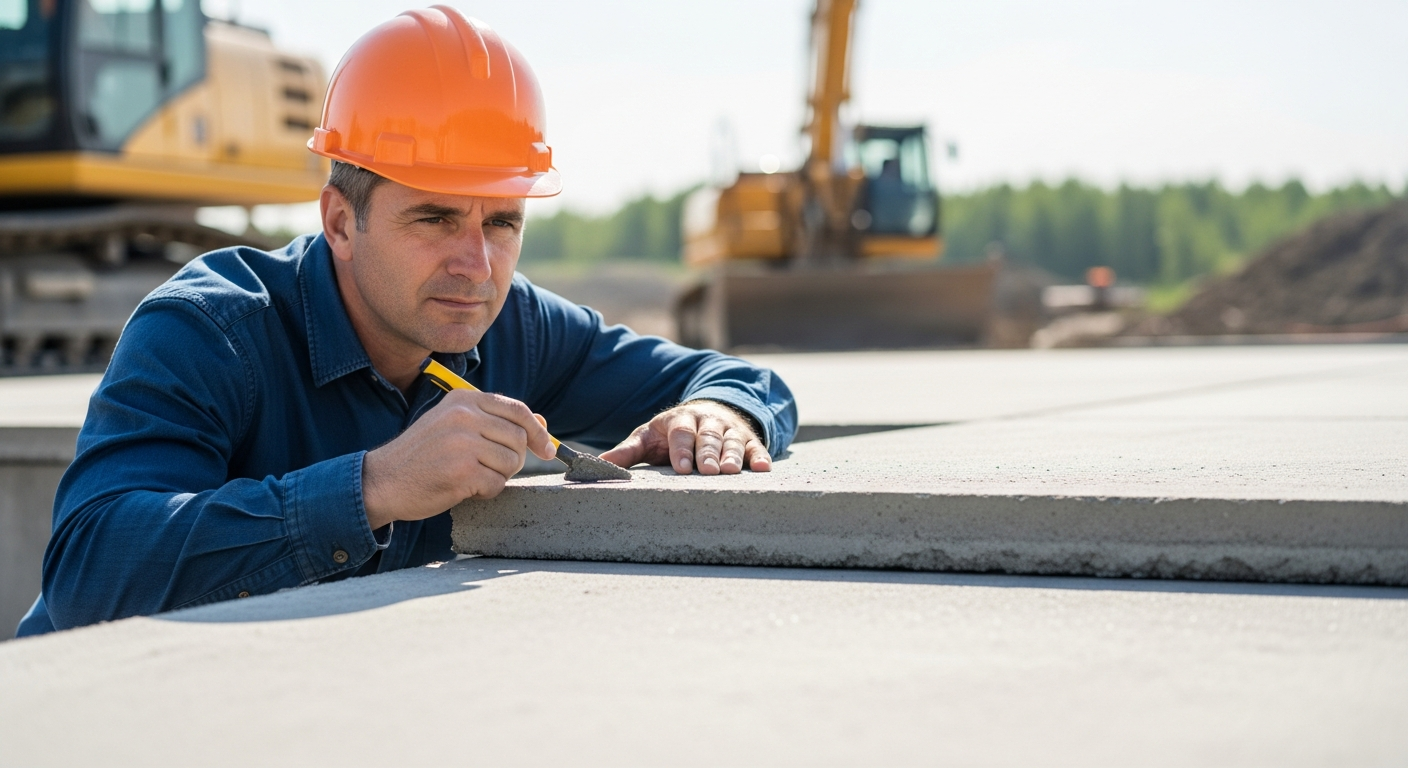 A construction worker inspects fiber reinforced concrete pavement.