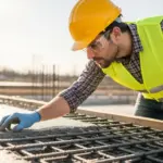 A construction worker inspects fiber reinforced concrete.