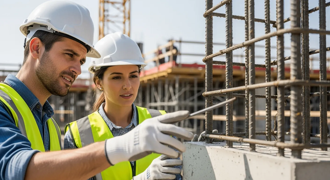 Two engineers inspect fiber-reinforced concrete on a construction site.
