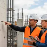 Two engineers inspect fiber reinforced concrete on a construction site.