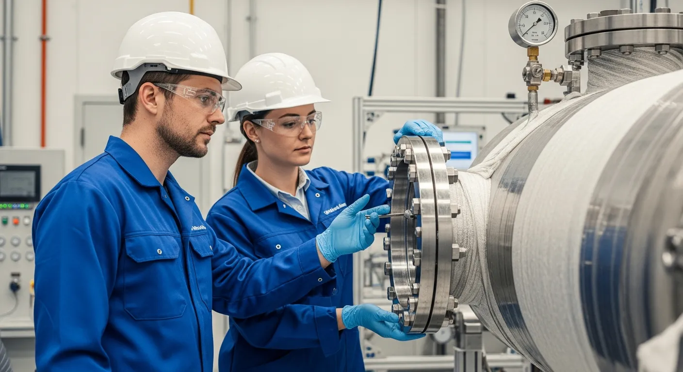 Two engineers inspect a pressure vessel reinforced with fiber polymers.