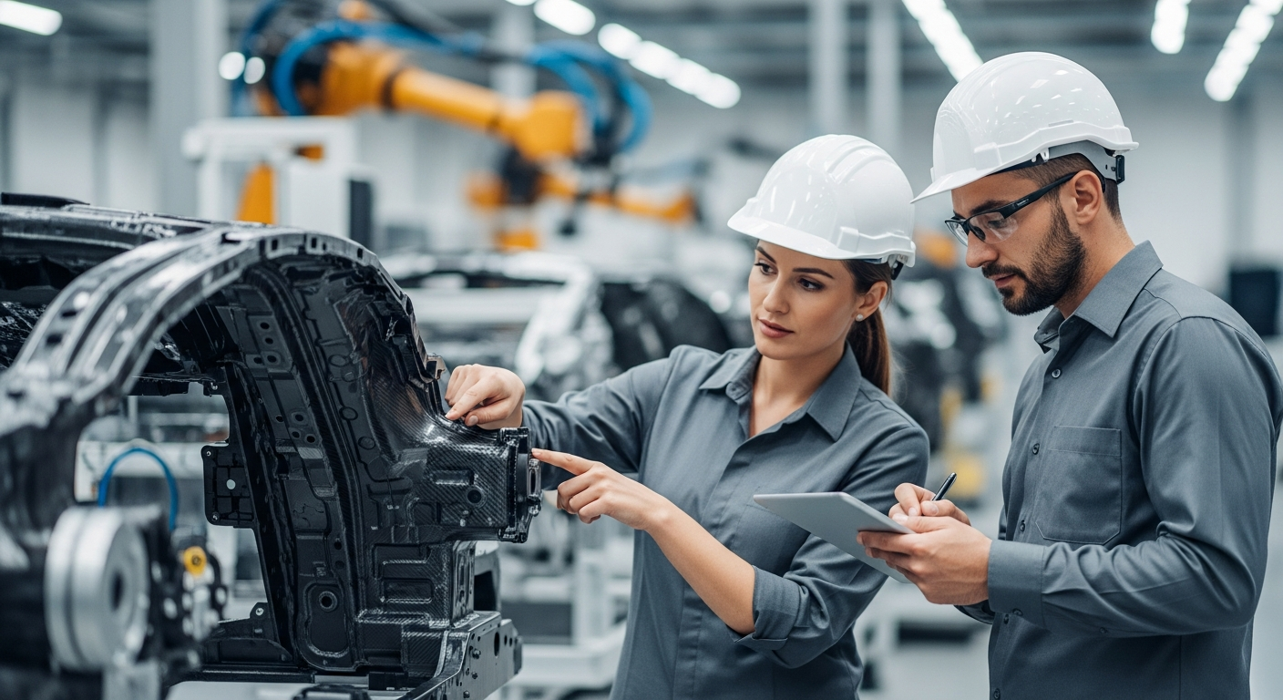 Two engineers inspect a fiber reinforced polymer car part in a factory.