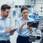 Two engineers inspect a fiber reinforced polymer car part in a lab.