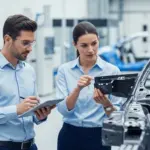 Two engineers inspect a fiber reinforced polymer car part in a lab.