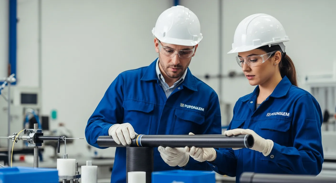 Two engineers inspect a fiber reinforced polymer pipe in a laboratory.