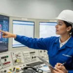 Two engineers, a man and a woman, examine fiber reinforced polymer data in an oil refinery control room.