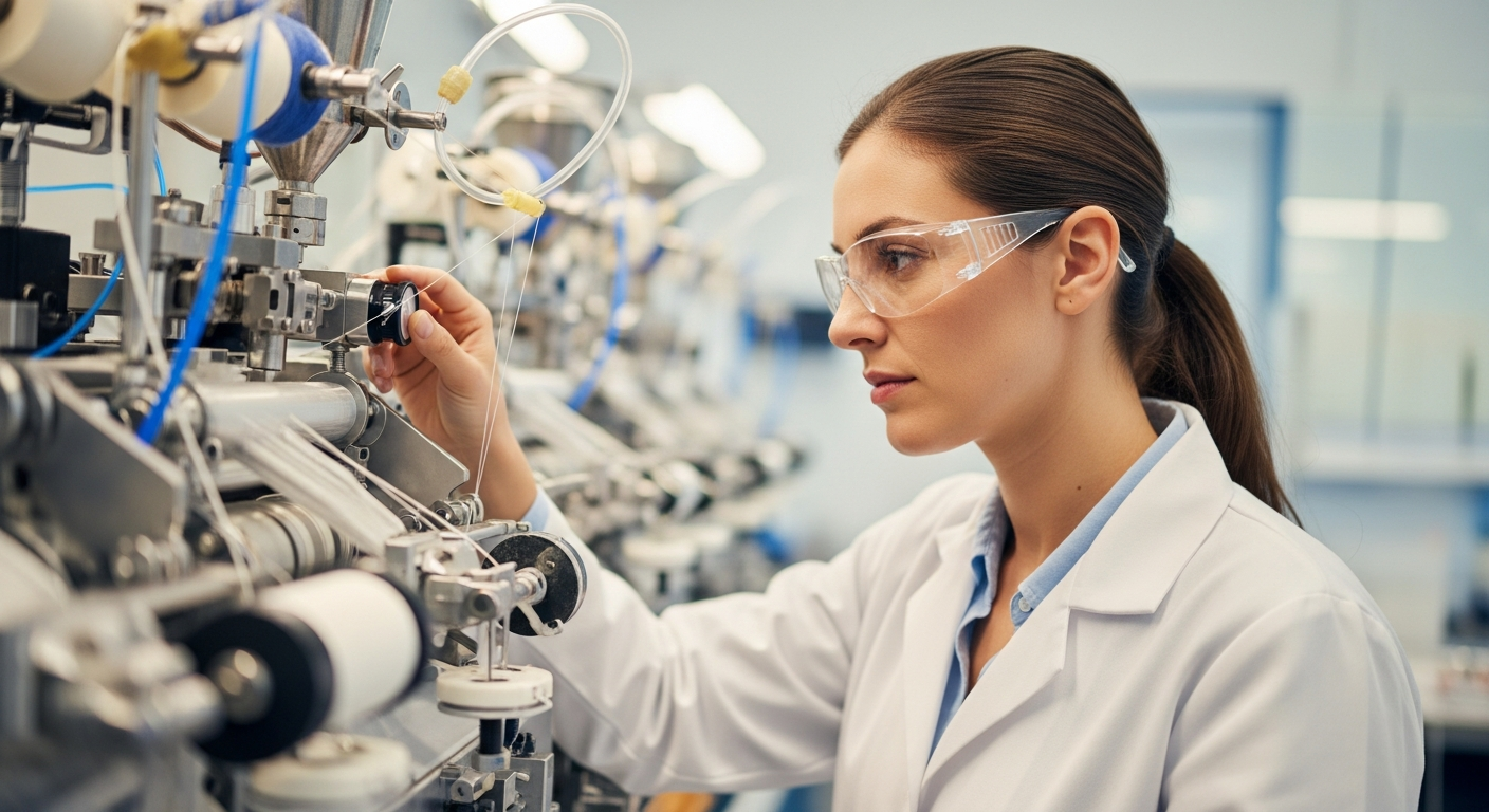 A woman operates fiber spinning equipment in a lab.