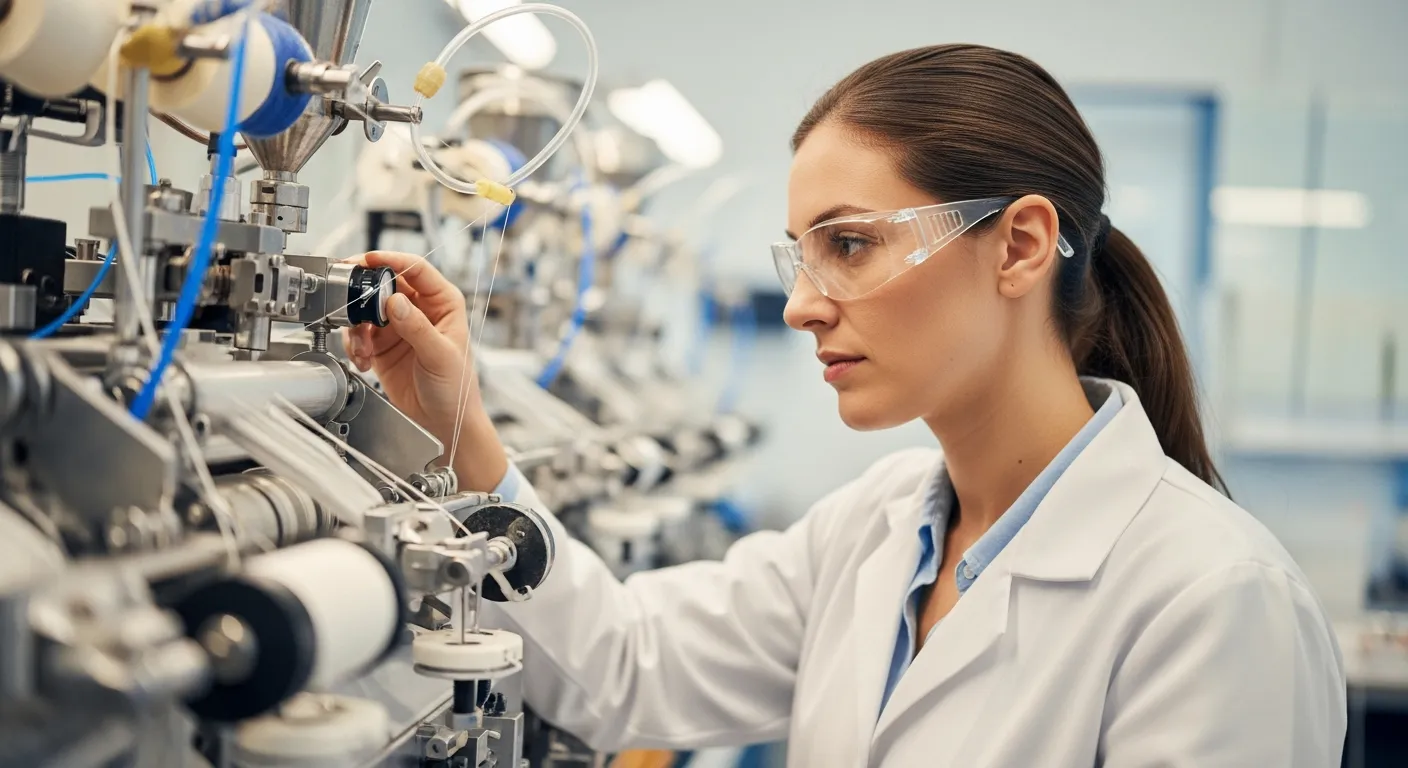 A woman operates fiber spinning equipment in a lab.