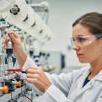 A woman operates fiber spinning equipment in a lab.