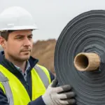 A civil engineer inspects geotextile fabric at a construction site.
