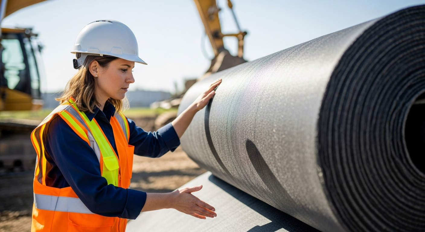 A civil engineer inspects geotextile fabric on a construction site.