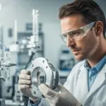 A man in a lab coat inspects a coated metal part.