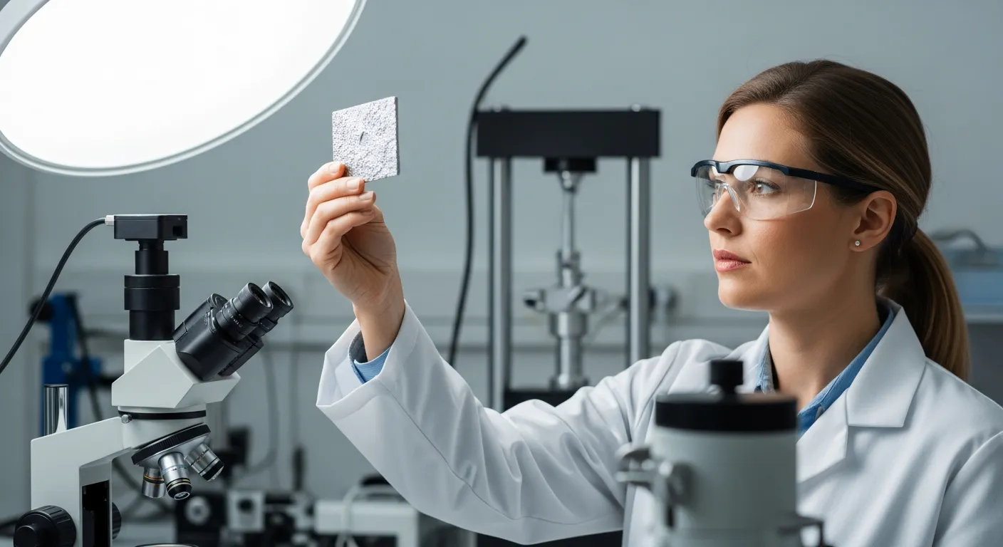 Woman engineer inspecting coated metal in a lab