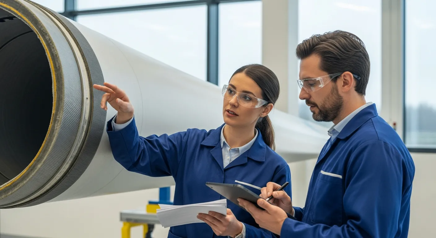 Two engineers inspect a wind turbine blade made of high-performance fiber.