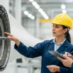 Two engineers inspect a wind turbine blade made of high-performance fibers.
