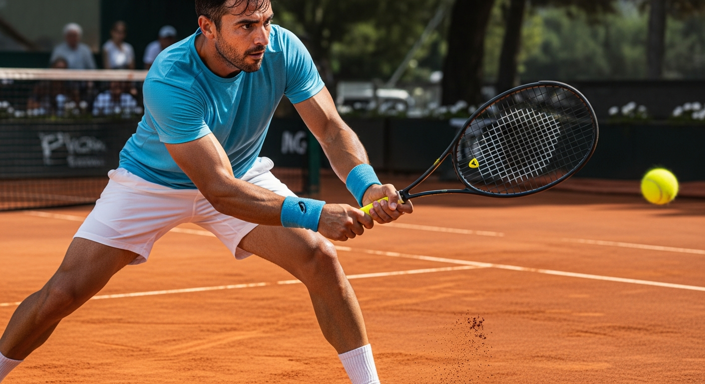 A man plays tennis with a carbon fiber racket.