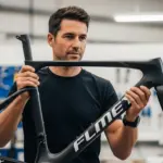 Man holding a carbon fiber bicycle frame in a workshop.