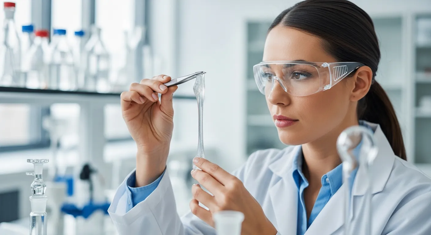 A woman scientist examines a hydrogel sample in a lab.