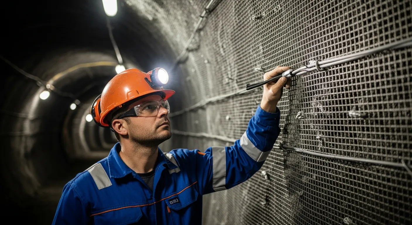 A male mining engineer inspects fiber reinforced tunnel wall.